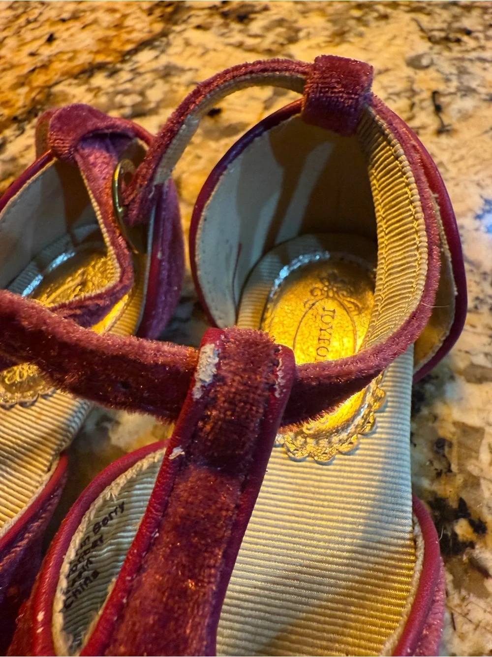 Joyfolie Girls Maroon Velvet Mary Janes with Pink Gem Flower Accents